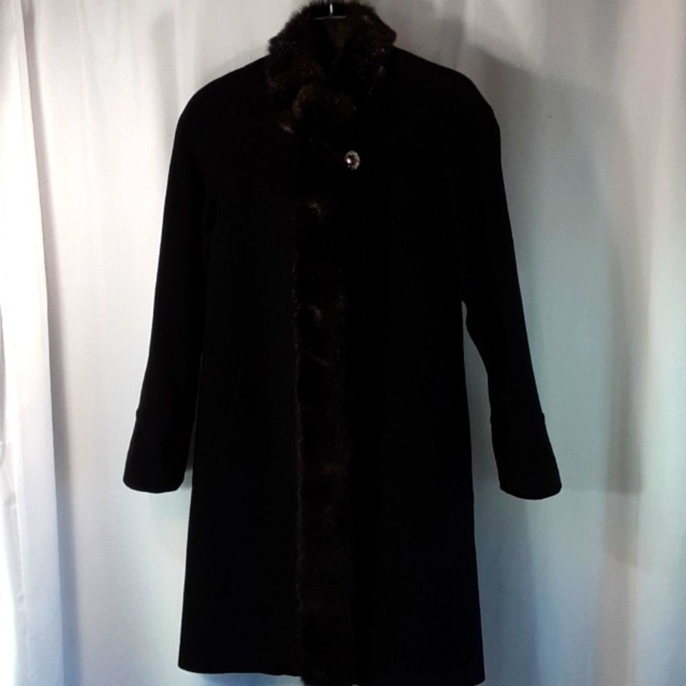 Albert Nipon Size Small Long Wool Coat Faux Fur T… - image 2